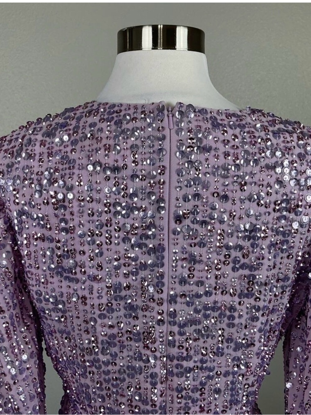 NWT Mac Duggal Purple Sequined Puff Sleeve V Neck Midi Lavender 14 - Picture 13 of 16